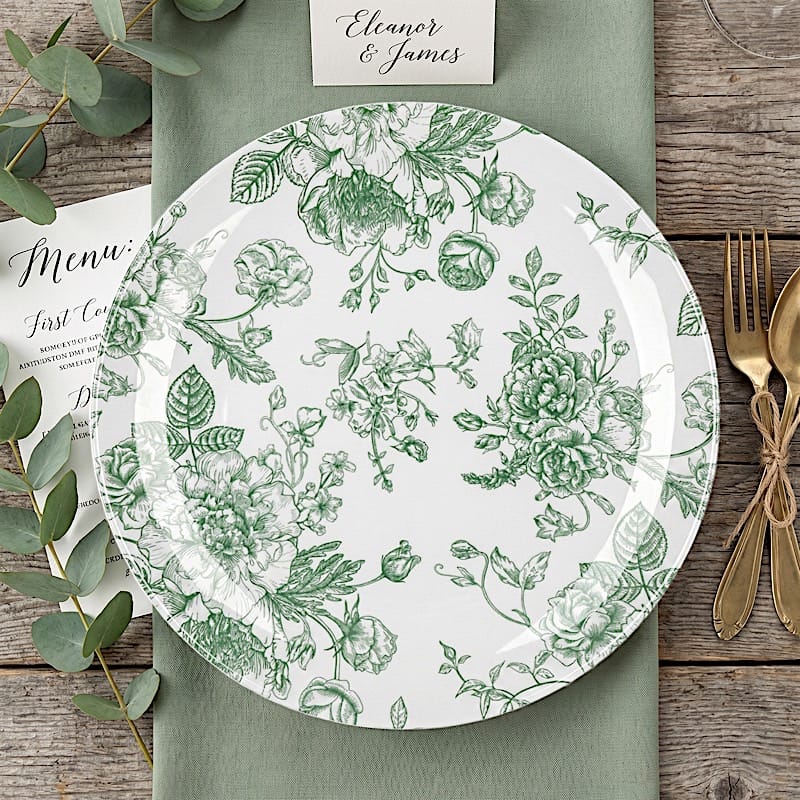 10 White Round Plastic Salad and Dinner Plates French Toile Design - Disposable Tableware