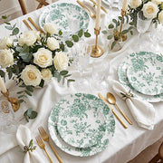 10 White Round Plastic Salad and Dinner Plates French Toile Design - Disposable Tableware