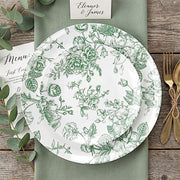 10 White Round Plastic Salad and Dinner Plates French Toile Design - Disposable Tableware