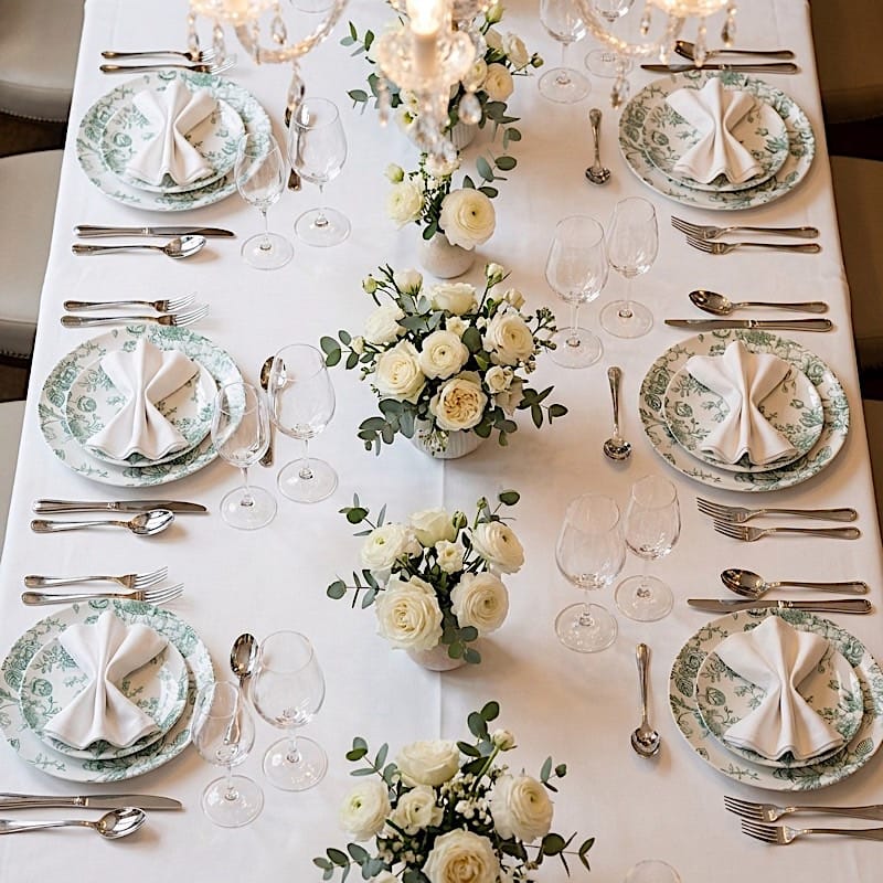 10 White Round Plastic Salad and Dinner Plates French Toile Design - Disposable Tableware