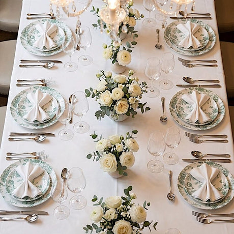 10 White Round Plastic Salad and Dinner Plates French Toile Design - Disposable Tableware