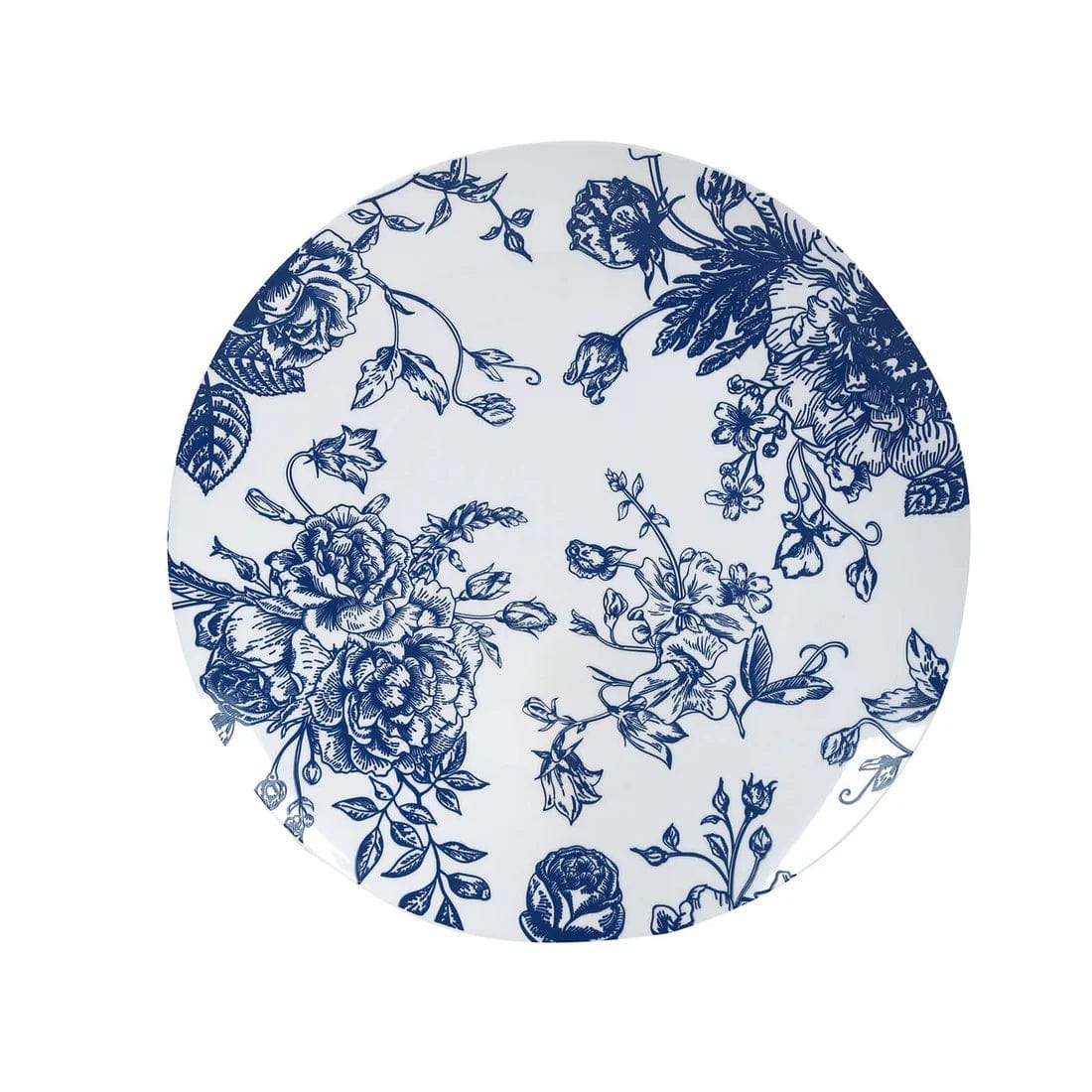 10 White Round Plastic Salad and Dinner Plates French Toile Design - Disposable Tableware DSP_PLR0023_FLOR_10_BLUE