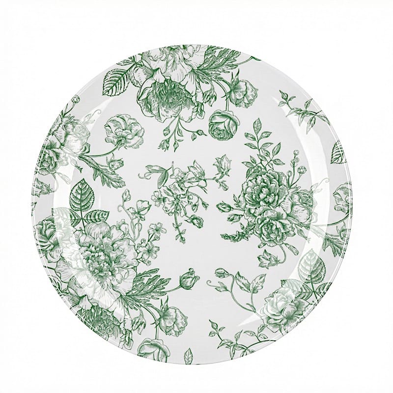 10 White Round Plastic Salad and Dinner Plates French Toile Design - Disposable Tableware DSP_PLR0023_FLOR_10_SAGE