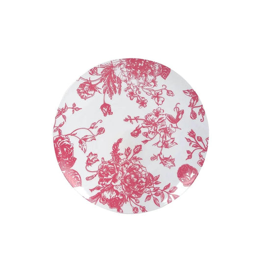10 White Round Plastic Salad and Dinner Plates French Toile Design - Disposable Tableware DSP_PLR0023_FLOR_7_PINK