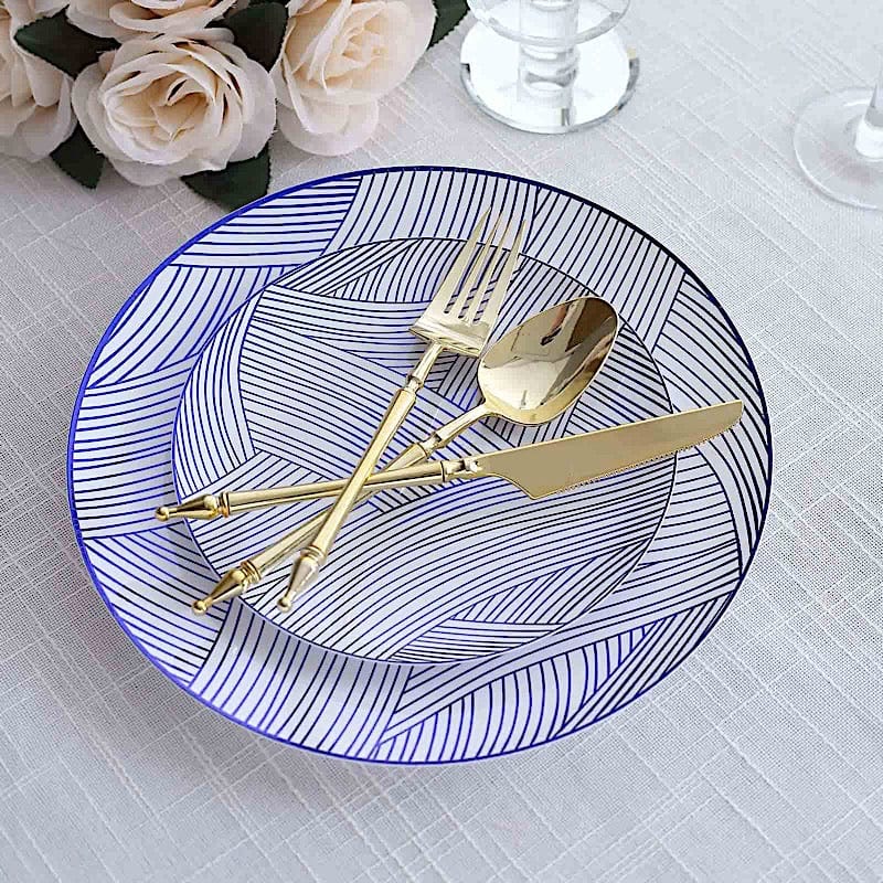 10 White Round Plastic Salad and Dinner Plates with Gold Strokes - Disposable Tableware