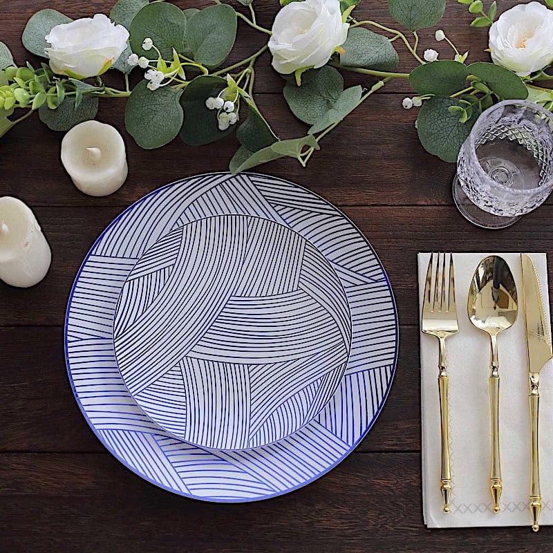 10 White Round Plastic Salad and Dinner Plates with Gold Strokes - Disposable Tableware