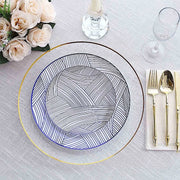 10 White Round Plastic Salad and Dinner Plates with Gold Strokes - Disposable Tableware