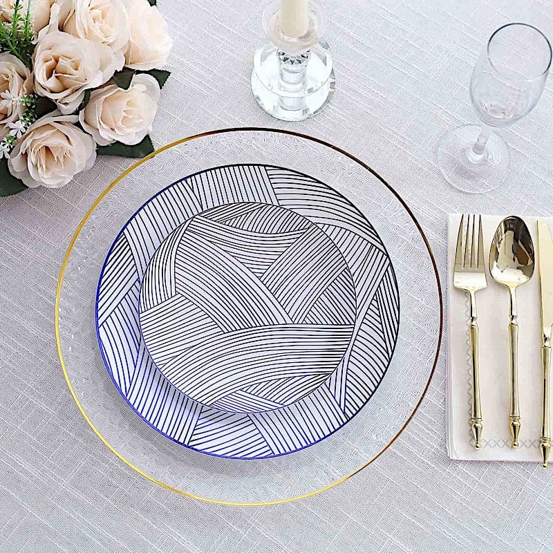 10 White Round Plastic Salad and Dinner Plates with Gold Strokes - Disposable Tableware