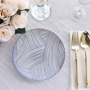 10 White Round Plastic Salad and Dinner Plates with Gold Strokes - Disposable Tableware