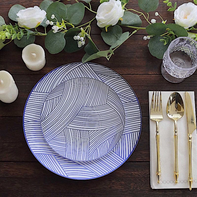 10 White Round Plastic Salad and Dinner Plates with Gold Strokes - Disposable Tableware