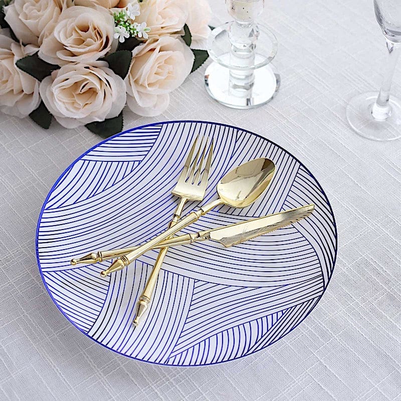 10 White Round Plastic Salad and Dinner Plates with Gold Strokes - Disposable Tableware