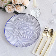 10 White Round Plastic Salad and Dinner Plates with Gold Strokes - Disposable Tableware