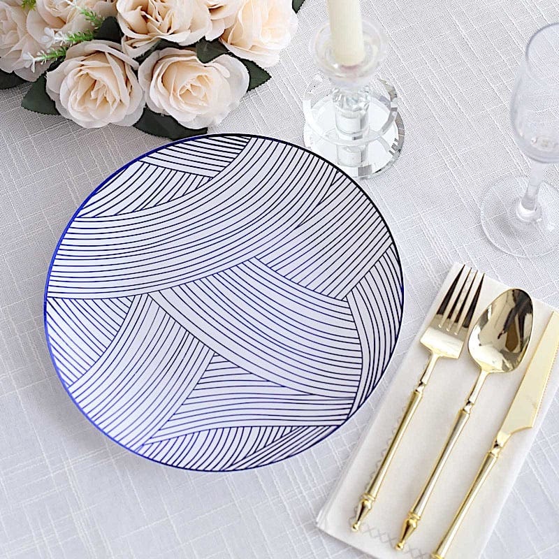 10 White Round Plastic Salad and Dinner Plates with Gold Strokes - Disposable Tableware