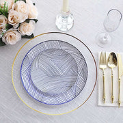 10 White Round Plastic Salad and Dinner Plates with Gold Strokes - Disposable Tableware