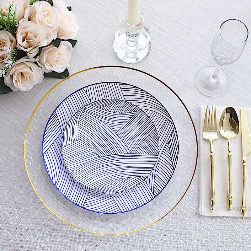 10 White Round Plastic Salad and Dinner Plates with Gold Strokes - Disposable Tableware