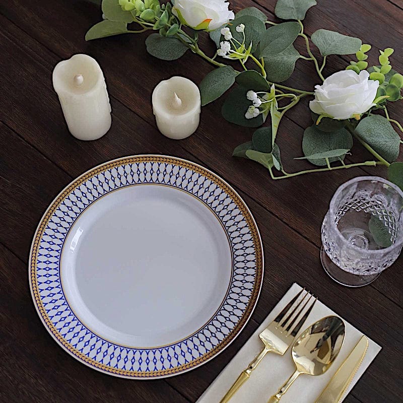 10 White Round Plastic Salad Dinner Plates Navy Blue Chord Rim - Disposable Tableware