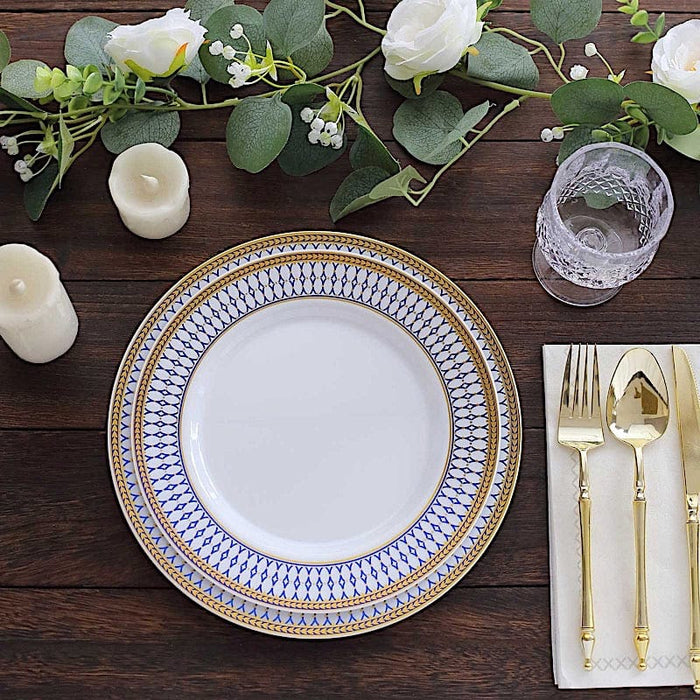 10 White Round Plastic Salad Dinner Plates Navy Blue Chord Rim - Disposable Tableware