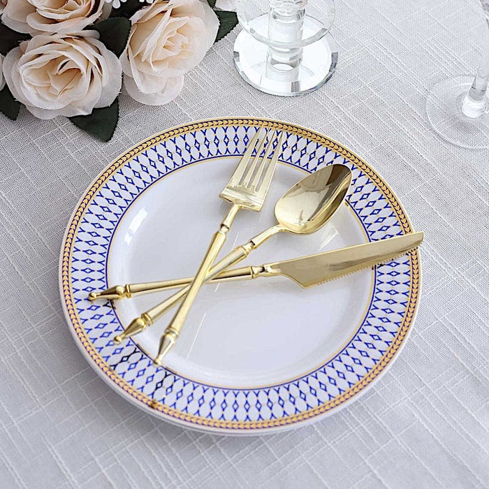 10 White Round Plastic Salad Dinner Plates Navy Blue Chord Rim - Disposable Tableware