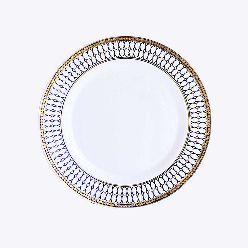 10 White Round Plastic Salad Dinner Plates Navy Blue Chord Rim - Disposable Tableware DSP_PLR0030_9_NVGD