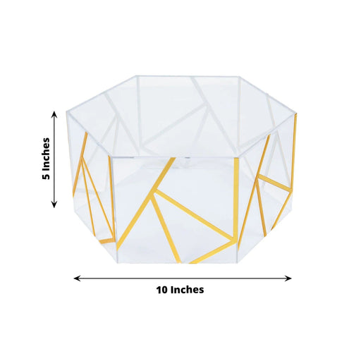 10" x 5" Hexagonal Acrylic Display Box Geometric Pedestal Riser - Clear with Gold PROP_BOX_001H_10_CLGD