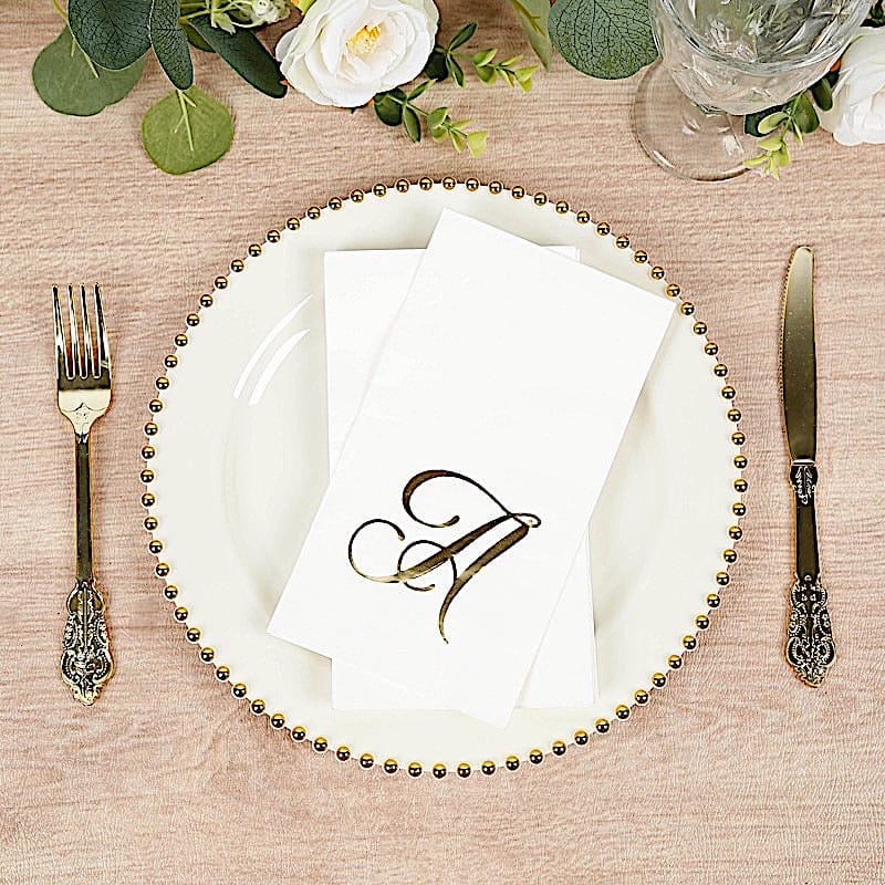 100 Disposable Dinner Paper Napkins with Gold Foil Letter - White