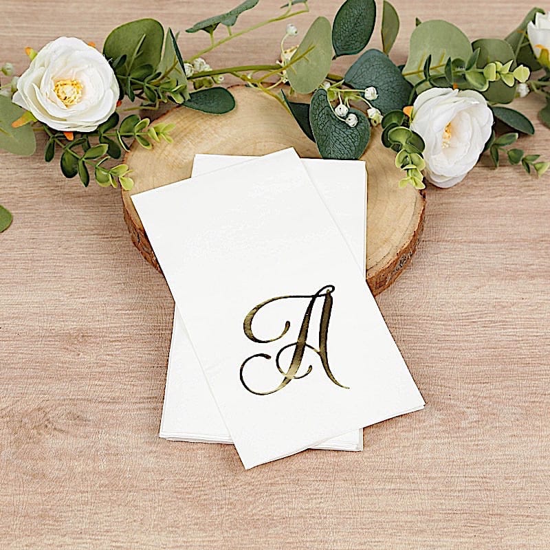 100 Disposable Dinner Paper Napkins with Gold Foil Letter - White