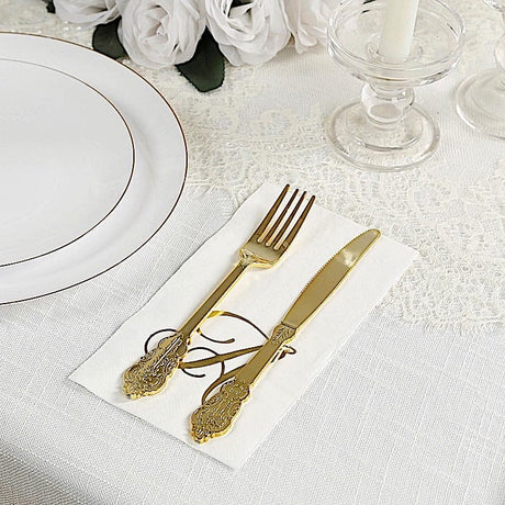 100 Disposable Dinner Paper Napkins with Gold Foil Letter - White