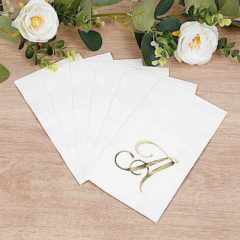 100 Disposable Dinner Paper Napkins with Gold Foil Letter - White