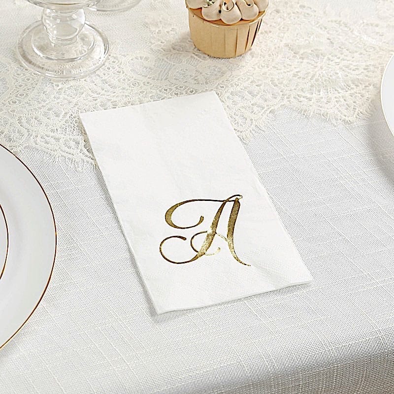 100 Disposable Dinner Paper Napkins with Gold Foil Letter - White