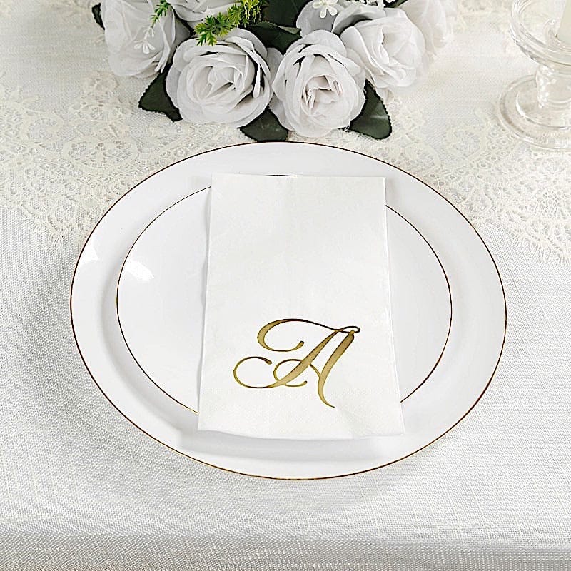 100 Disposable Dinner Paper Napkins with Gold Foil Letter - White