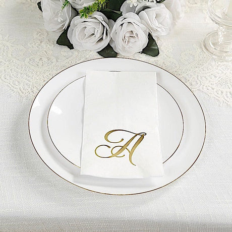 100 Disposable Dinner Paper Napkins with Gold Foil Letter - White