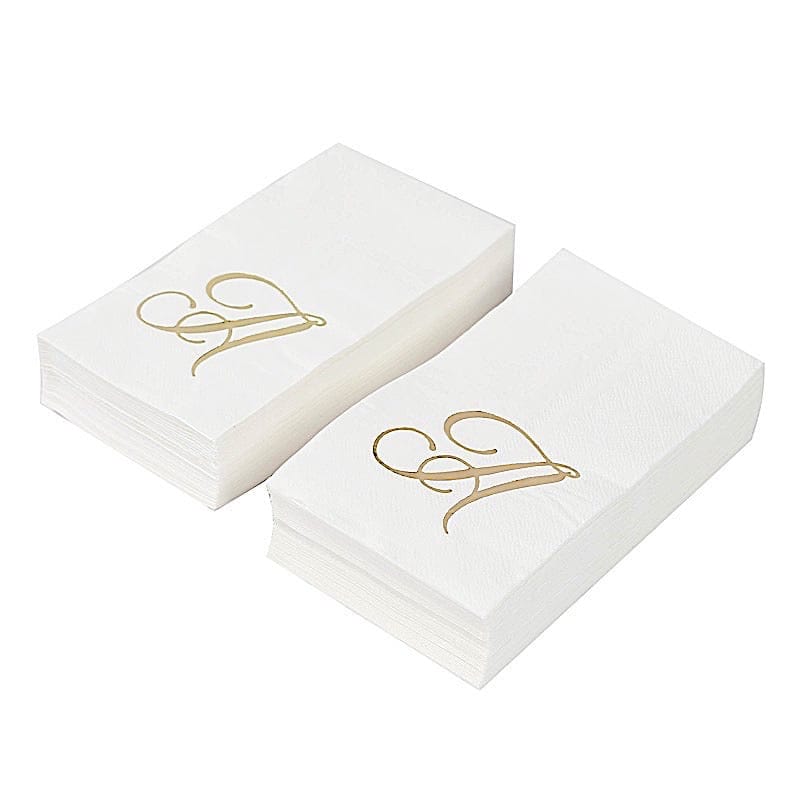 100 Disposable Dinner Paper Napkins with Gold Foil Letter - White