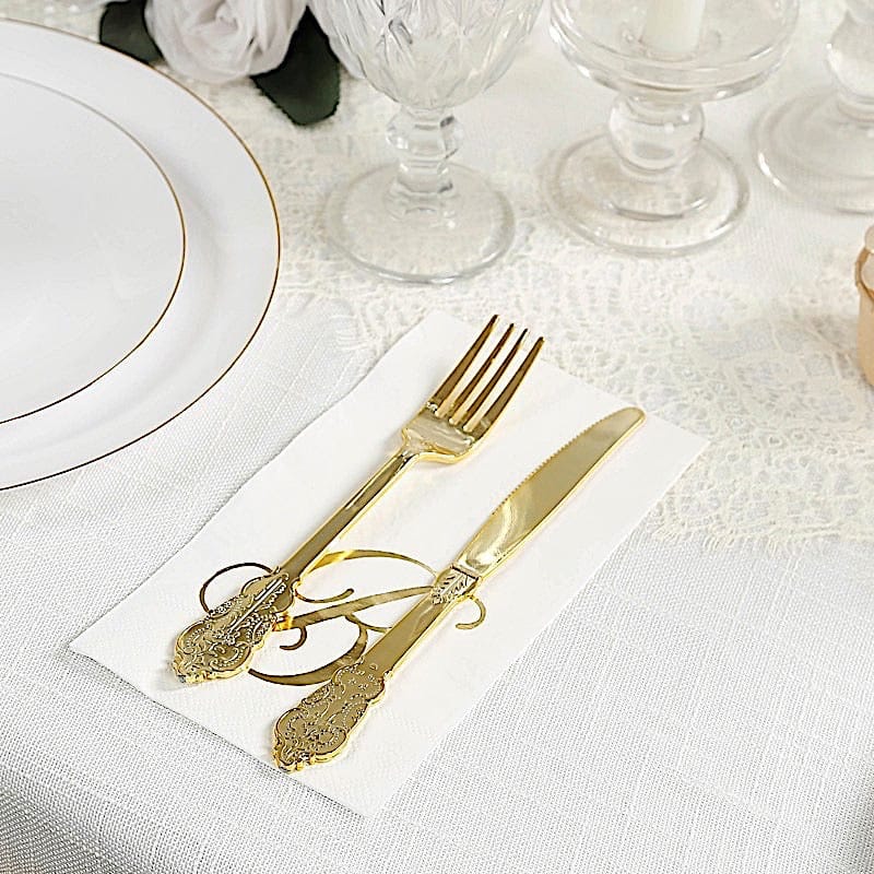 100 Disposable Dinner Paper Napkins with Gold Foil Letter - White