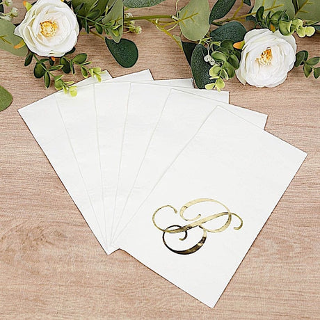 100 Disposable Dinner Paper Napkins with Gold Foil Letter - White