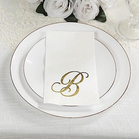 100 Disposable Dinner Paper Napkins with Gold Foil Letter - White