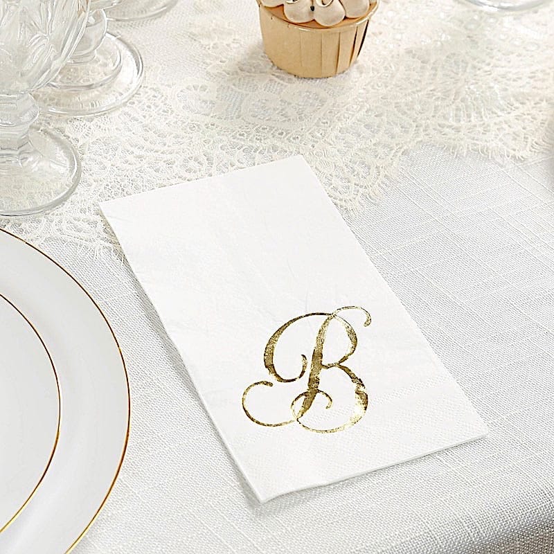 100 Disposable Dinner Paper Napkins with Gold Foil Letter - White