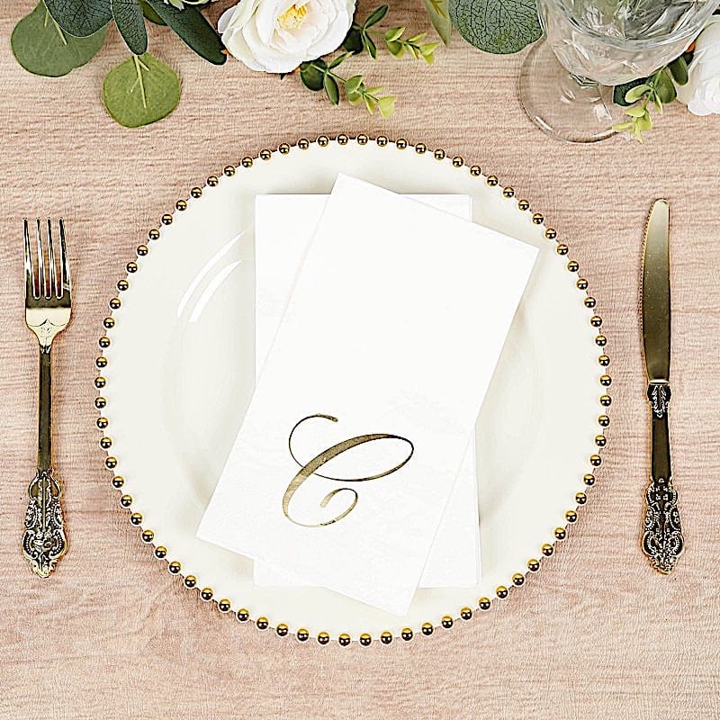 100 Disposable Dinner Paper Napkins with Gold Foil Letter - White
