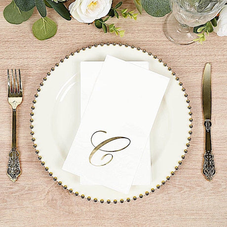 100 Disposable Dinner Paper Napkins with Gold Foil Letter - White
