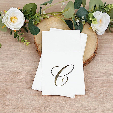 100 Disposable Dinner Paper Napkins with Gold Foil Letter - White