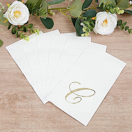 100 Disposable Dinner Paper Napkins with Gold Foil Letter - White