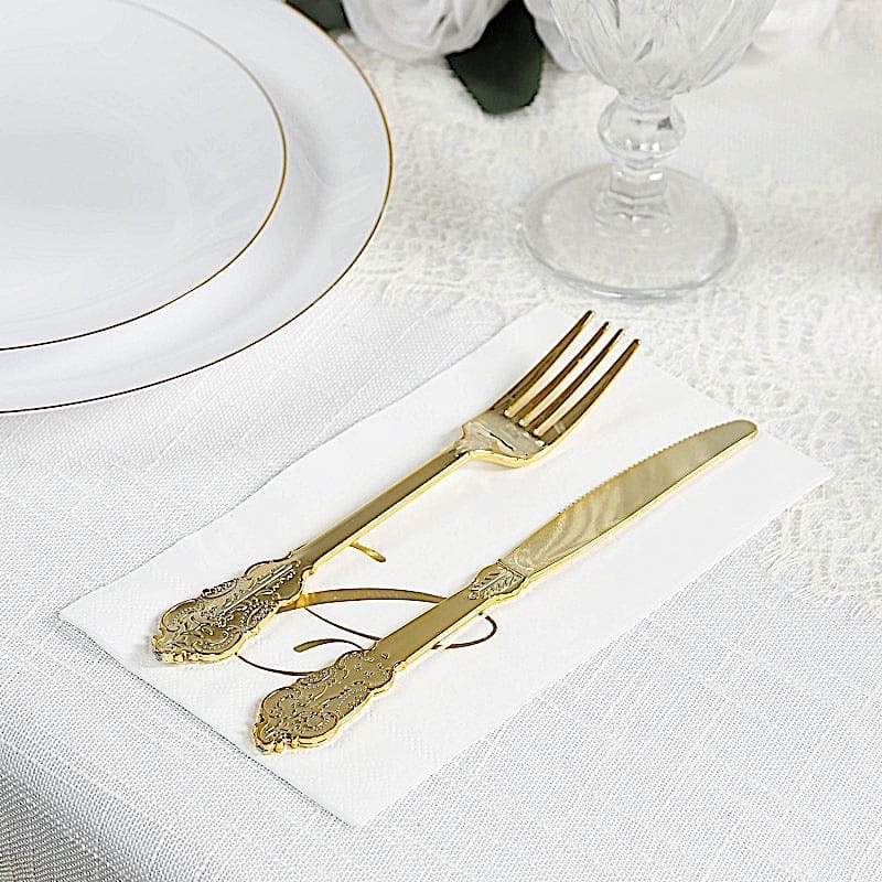 100 Disposable Dinner Paper Napkins with Gold Foil Letter - White