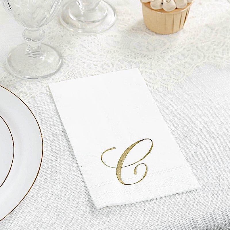 100 Disposable Dinner Paper Napkins with Gold Foil Letter - White