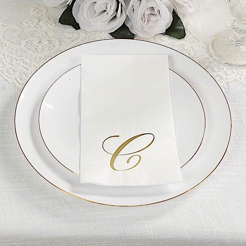 100 Disposable Dinner Paper Napkins with Gold Foil Letter - White