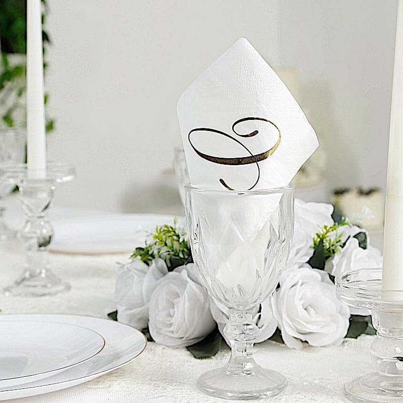 100 Disposable Dinner Paper Napkins with Gold Foil Letter - White