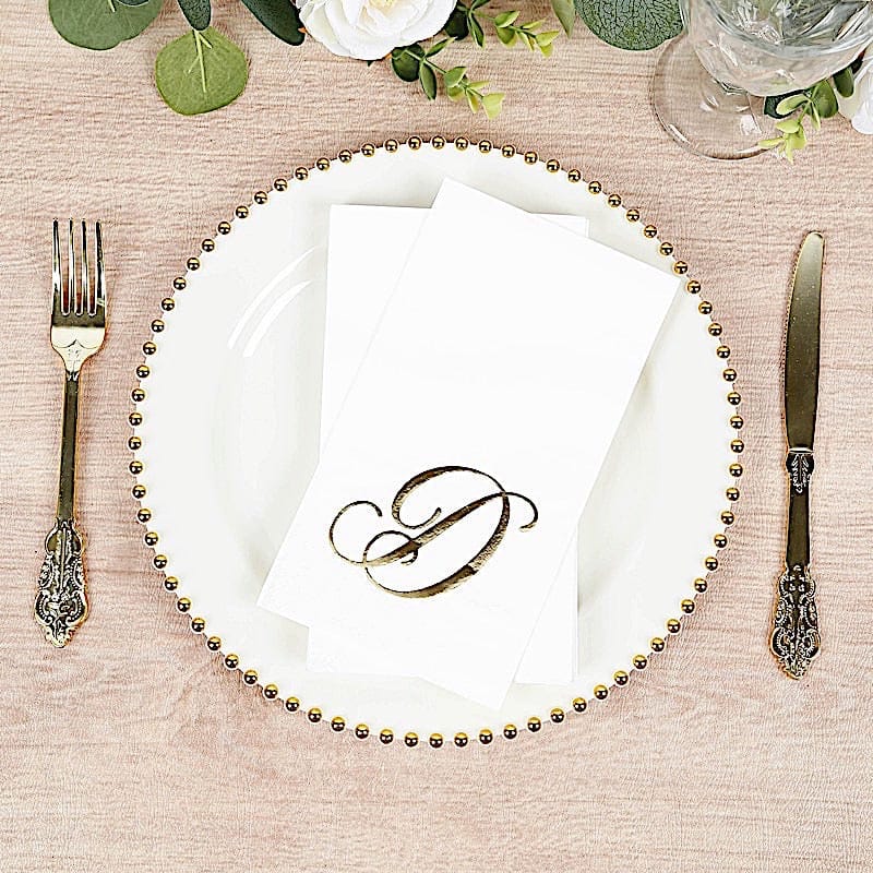 100 Disposable Dinner Paper Napkins with Gold Foil Letter - White