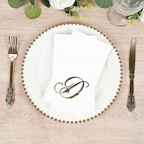100 Disposable Dinner Paper Napkins with Gold Foil Letter - White