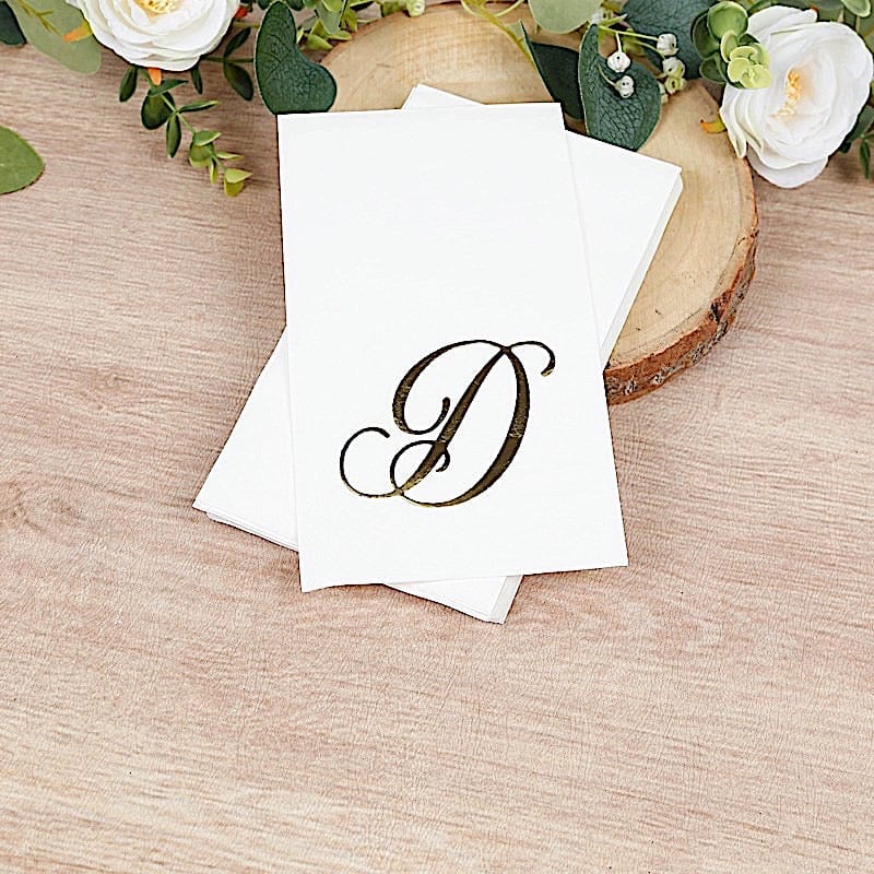 100 Disposable Dinner Paper Napkins with Gold Foil Letter - White