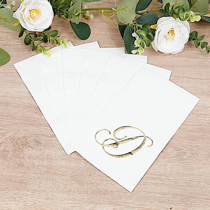 100 Disposable Dinner Paper Napkins with Gold Foil Letter - White