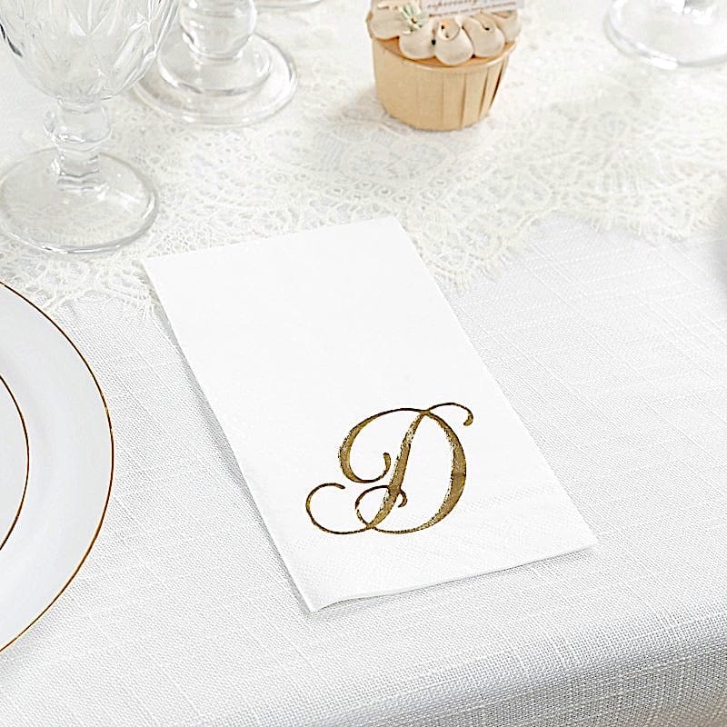 100 Disposable Dinner Paper Napkins with Gold Foil Letter - White