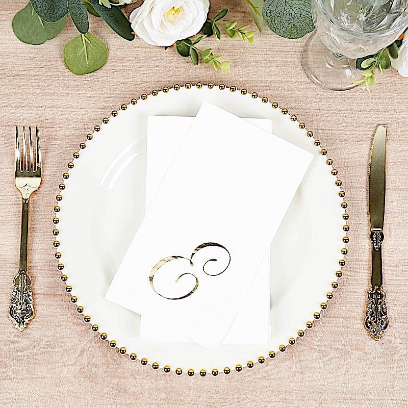 100 Disposable Dinner Paper Napkins with Gold Foil Letter - White